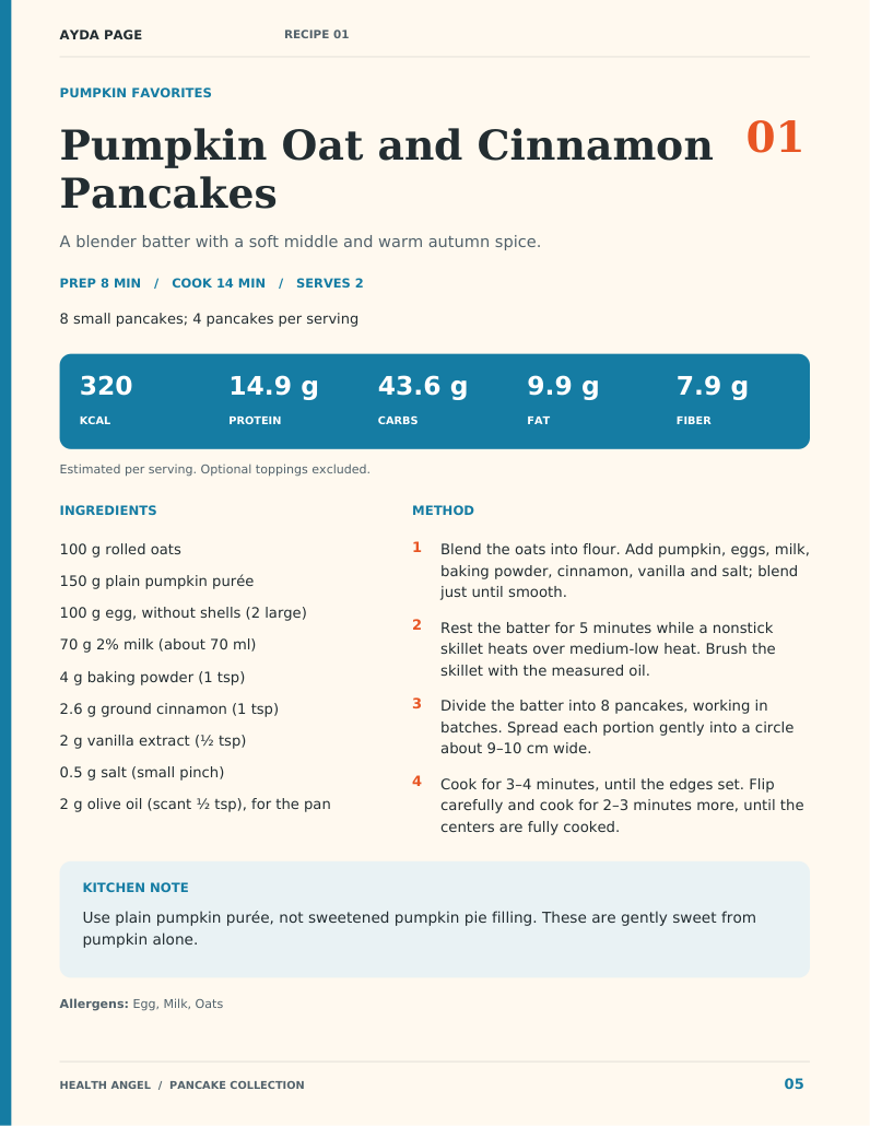 Inside page: Pumpkin Oat and Cinnamon Pancakes, including ingredients, method and nutrition