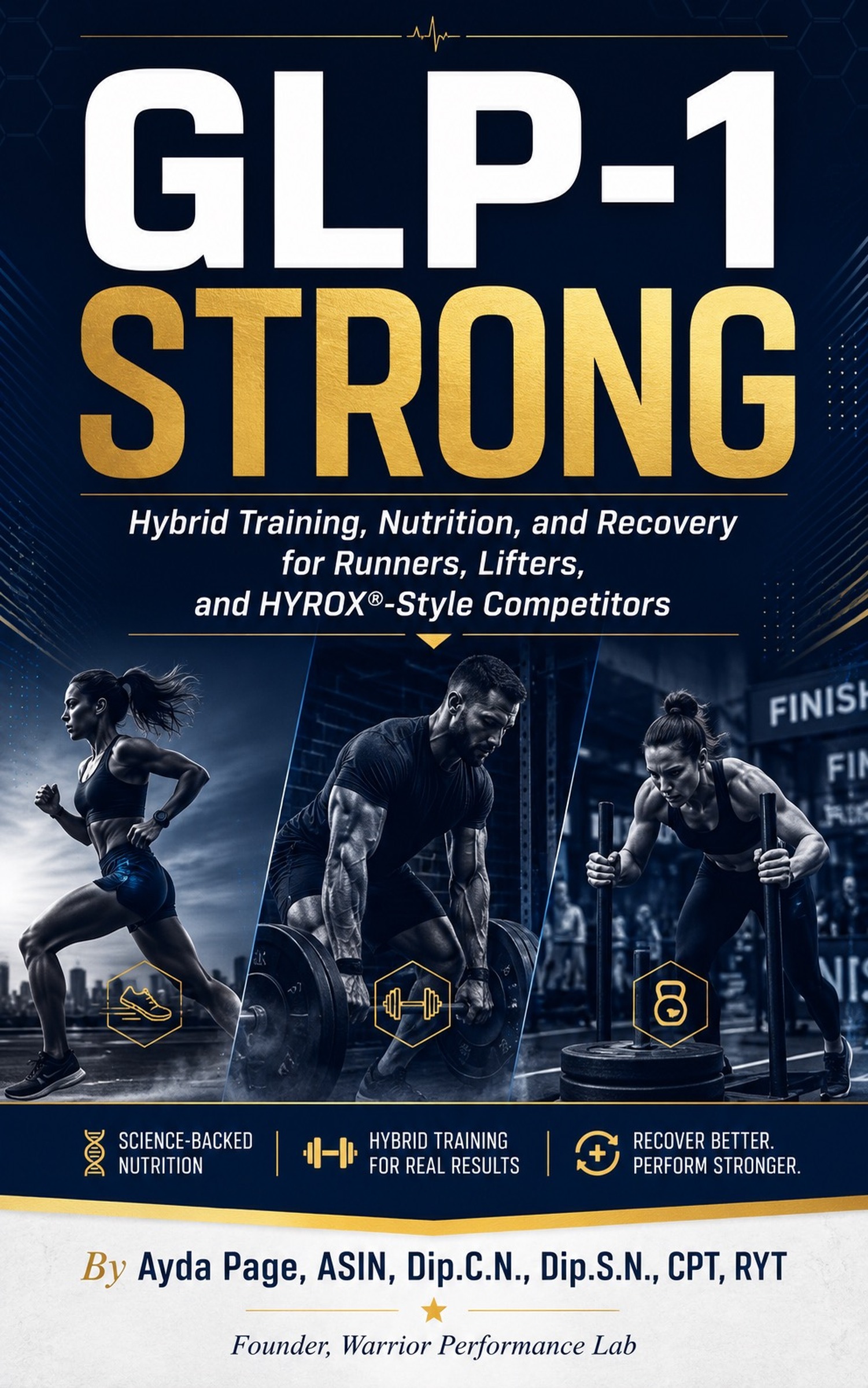 GLP-1 Strong book cover by Ayda Page with runner, lifter, and sled push imagery