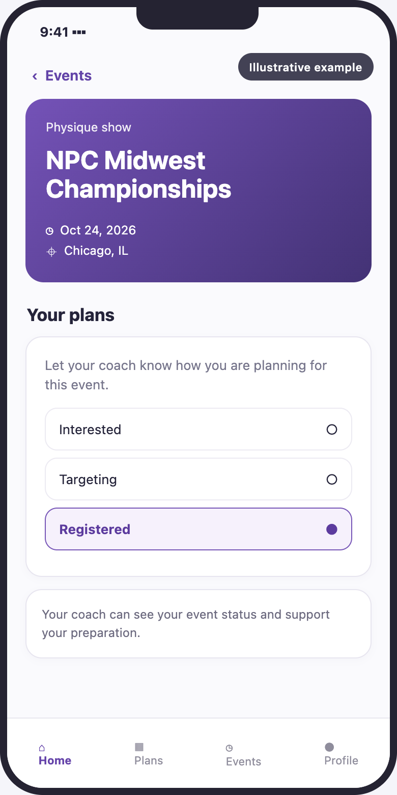 Illustrative client app view of an event and registration status