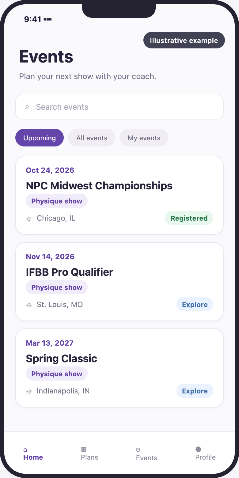 Illustrative client app view of upcoming shows