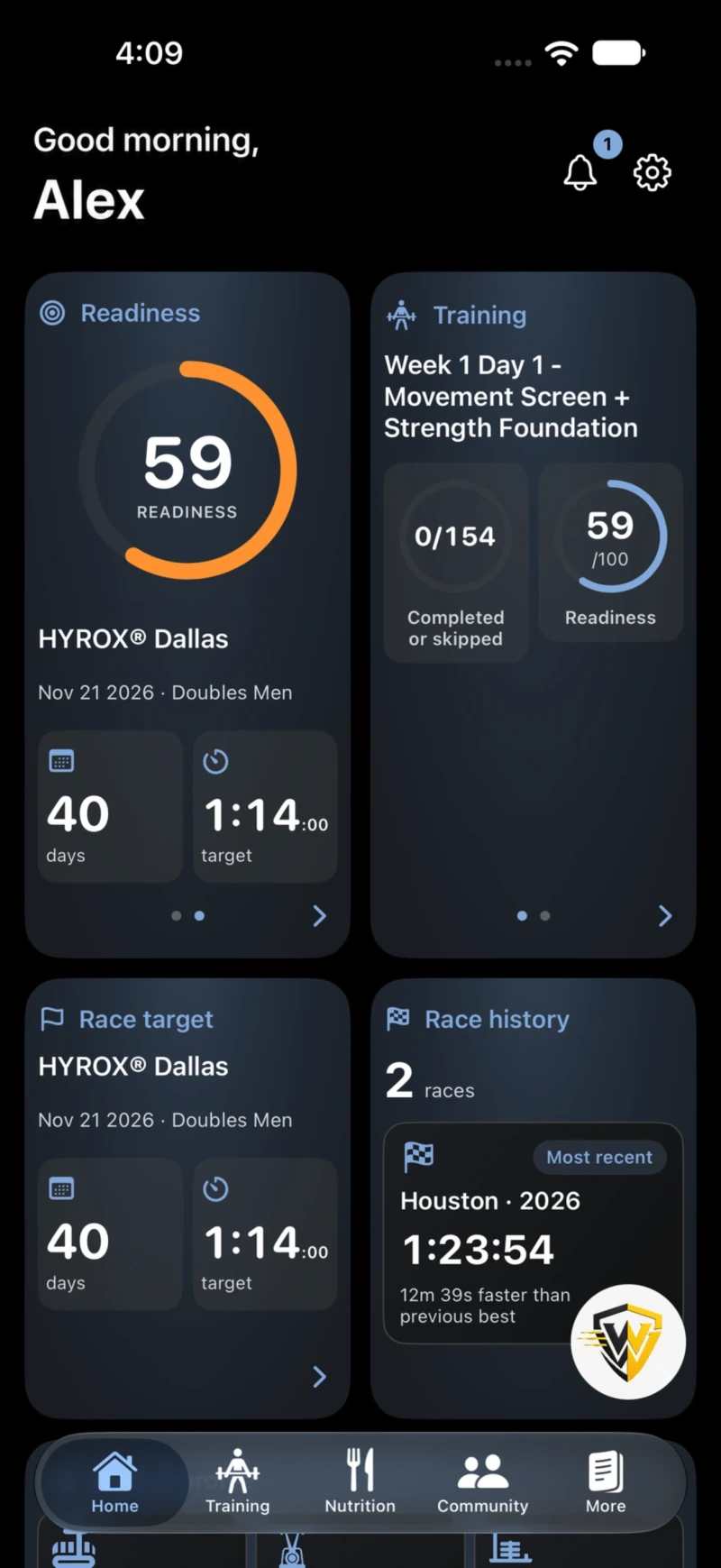 Warrior performance home screen showing Good morning, Alex and race readiness