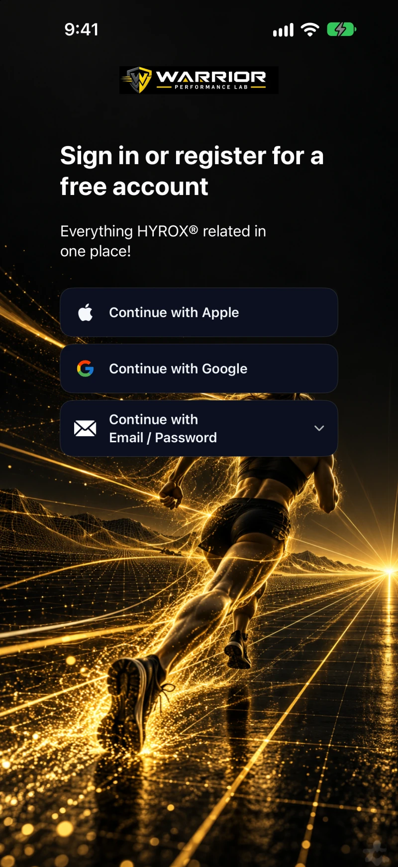 Warrior sign-in screen with a dark gold athletic background