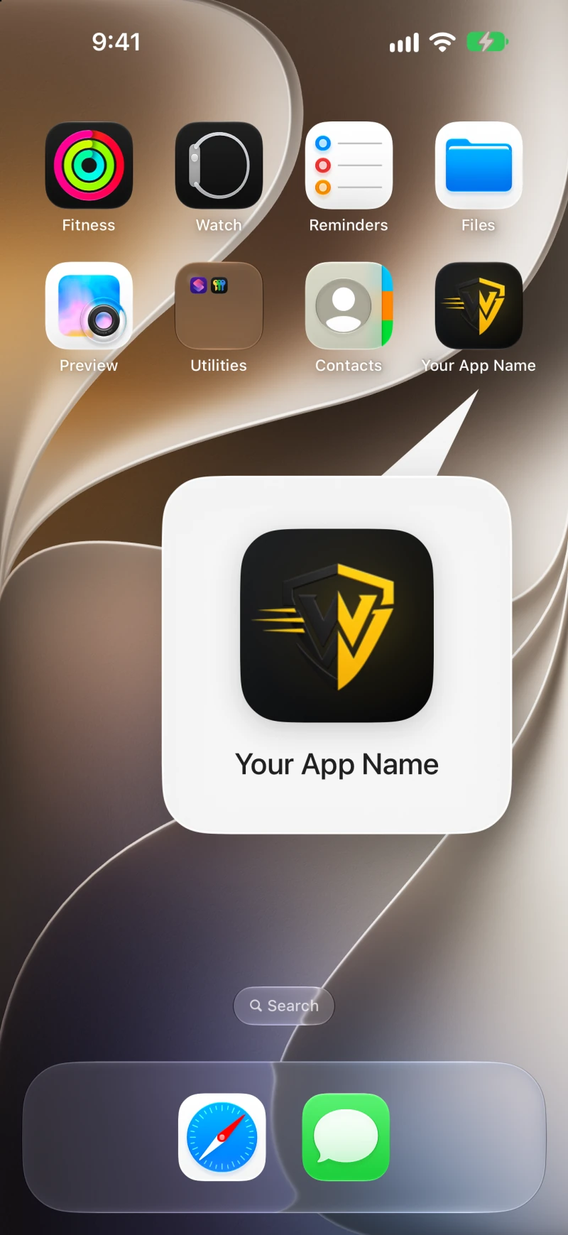 iPhone Home Screen with the Warrior icon labeled Your App Name and a magnified callout