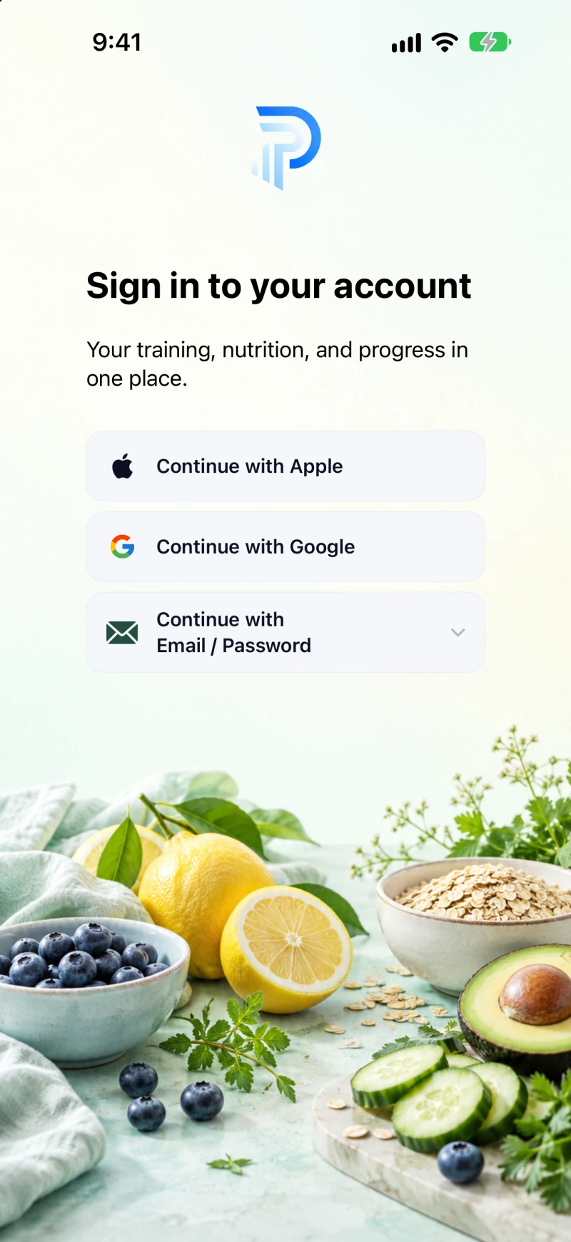 Pono sign-in screen with black text and a light pastel nutrition background