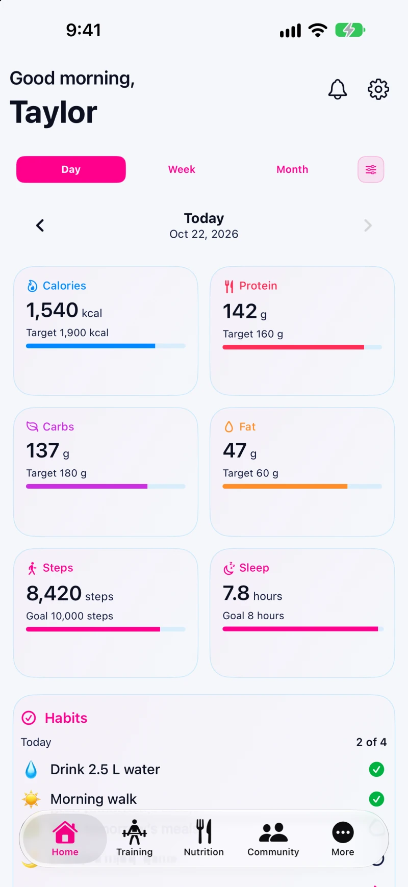 Pink home screen showing Good morning, Taylor and native nutrition progress cards