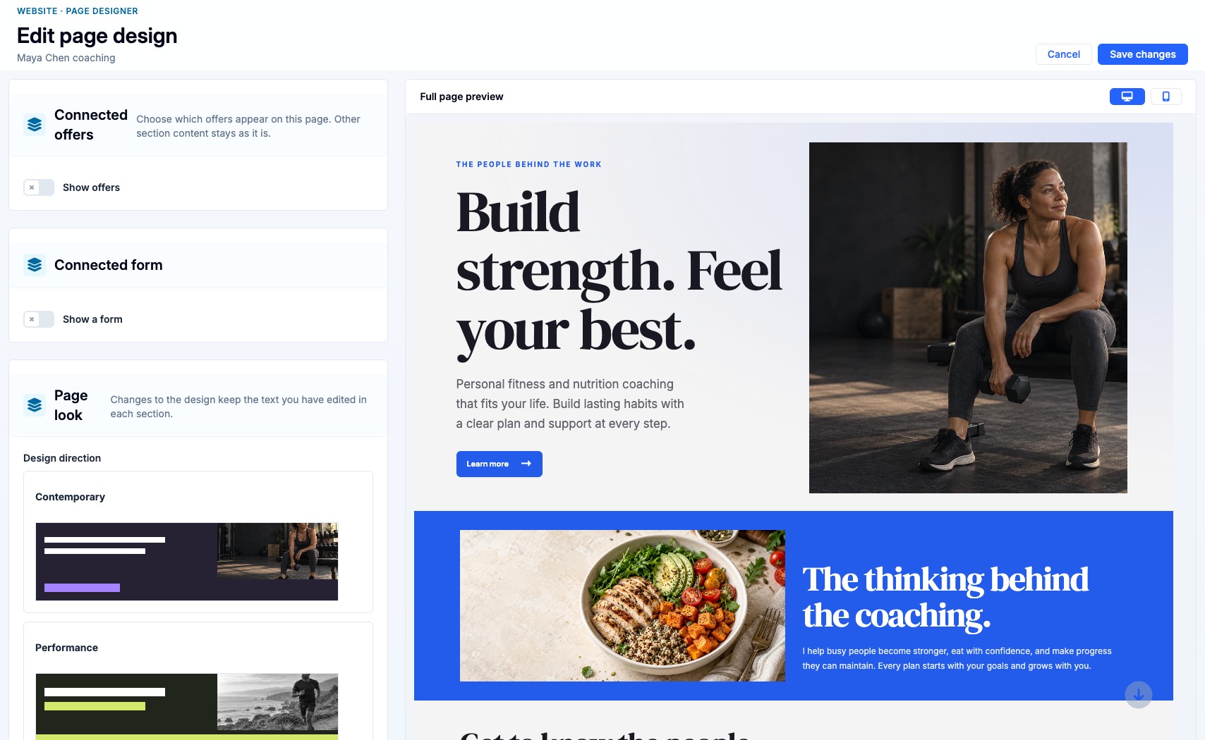Pono web page designer showing design choices beside a live branded page preview
