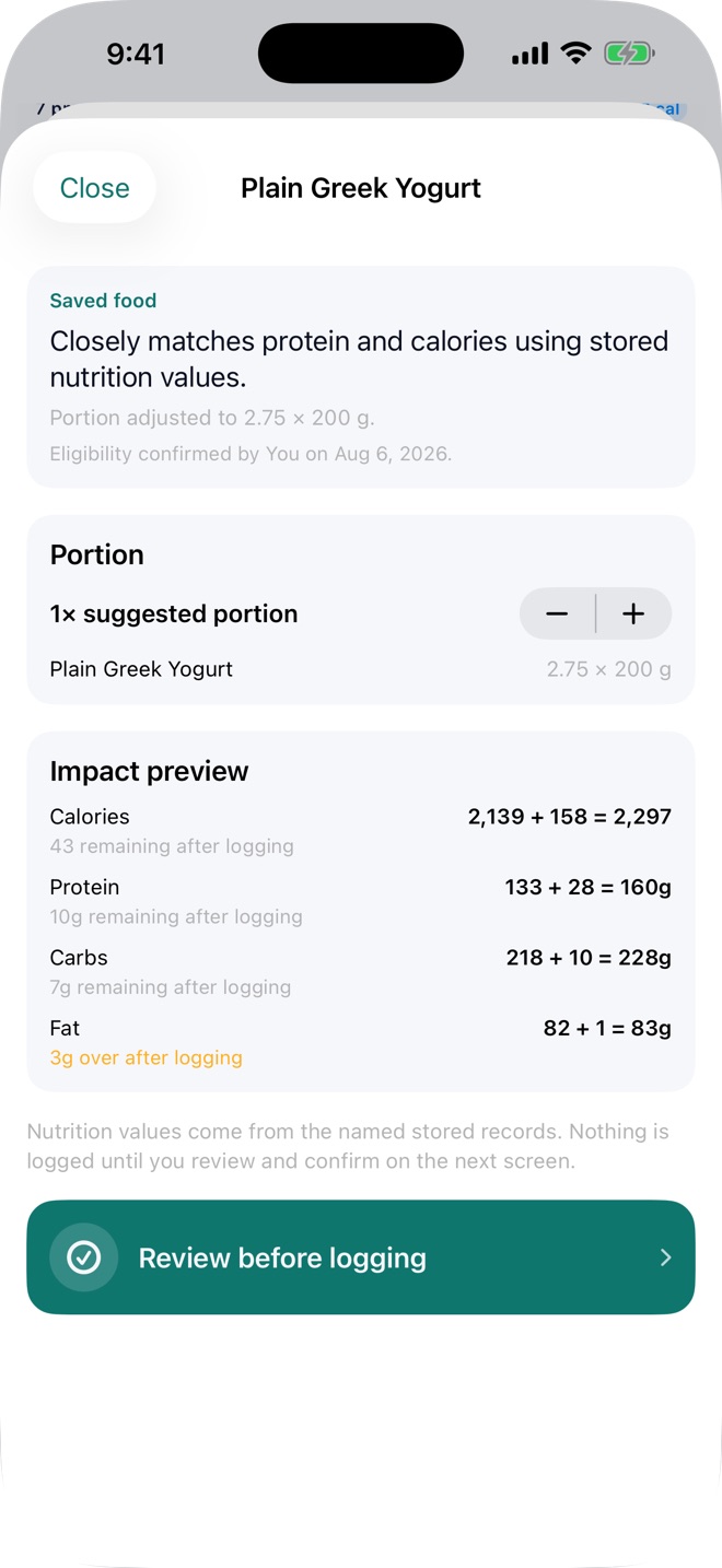 Pono Nutrition Tracker screenshot: Nutrient portion calculator