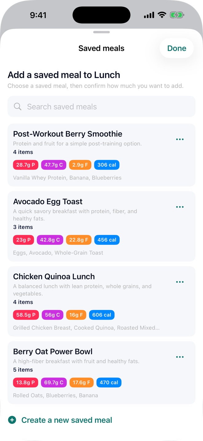 Pono Nutrition Tracker screenshot: Saved meals and recipes