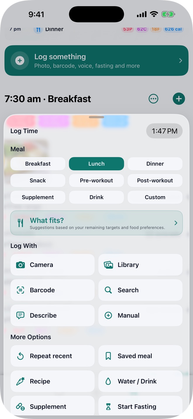 Pono Nutrition Tracker screenshot: Search, barcode, and manual methods