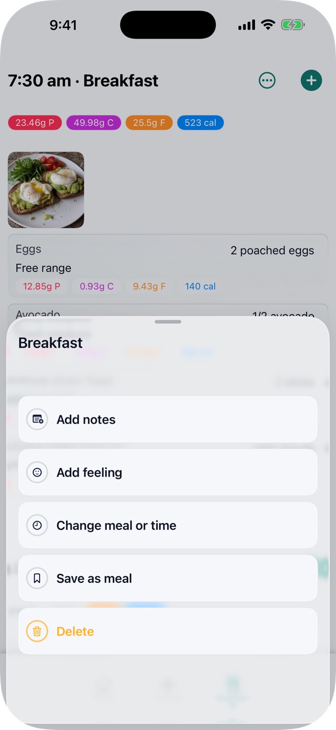 Pono Nutrition Tracker screenshot: Edit and organize a logged meal