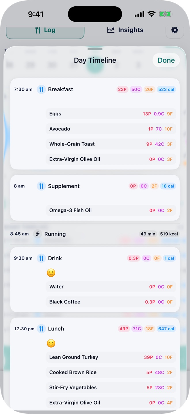 Pono Nutrition Tracker screenshot: Timeline and daily totals
