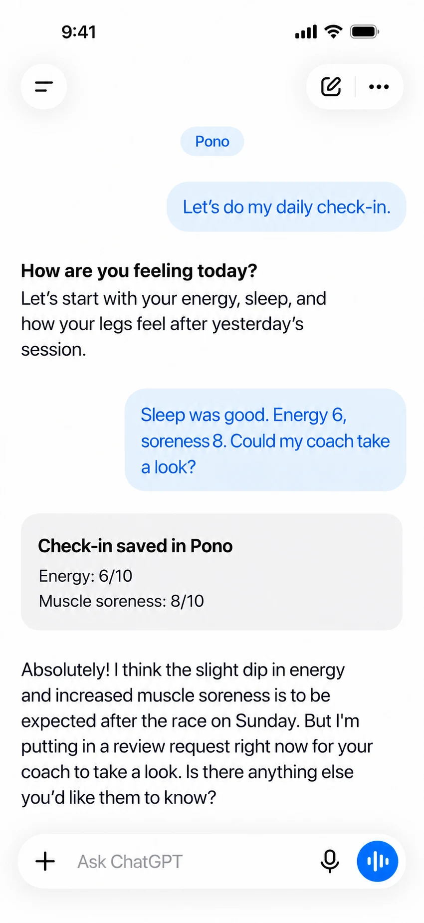 A client's AI chat connected to Pono, with a saved check-in and a request for their coach to review