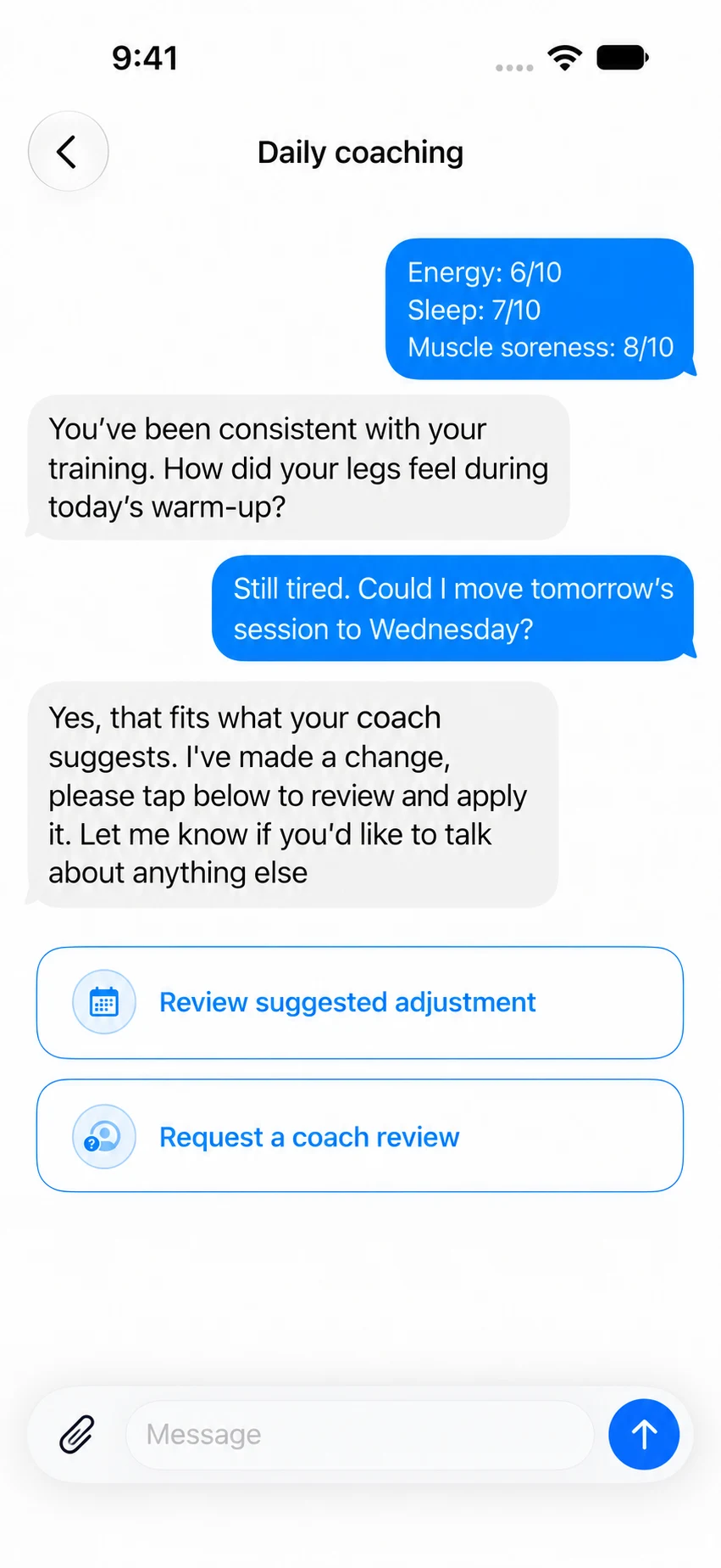 Daily coaching in the Pono app, with a suggested adjustment and coach review request