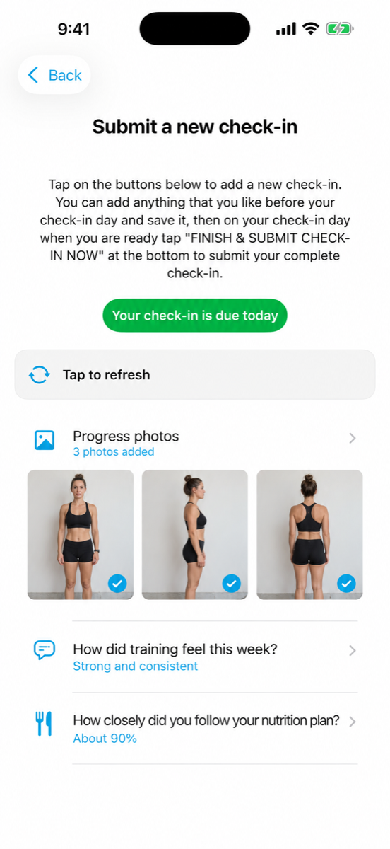 Pono client check-in with uploaded progress photos and answered coaching questions