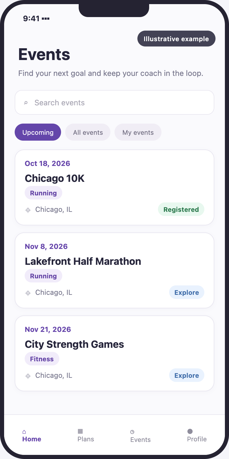 Illustrative client app view of upcoming events