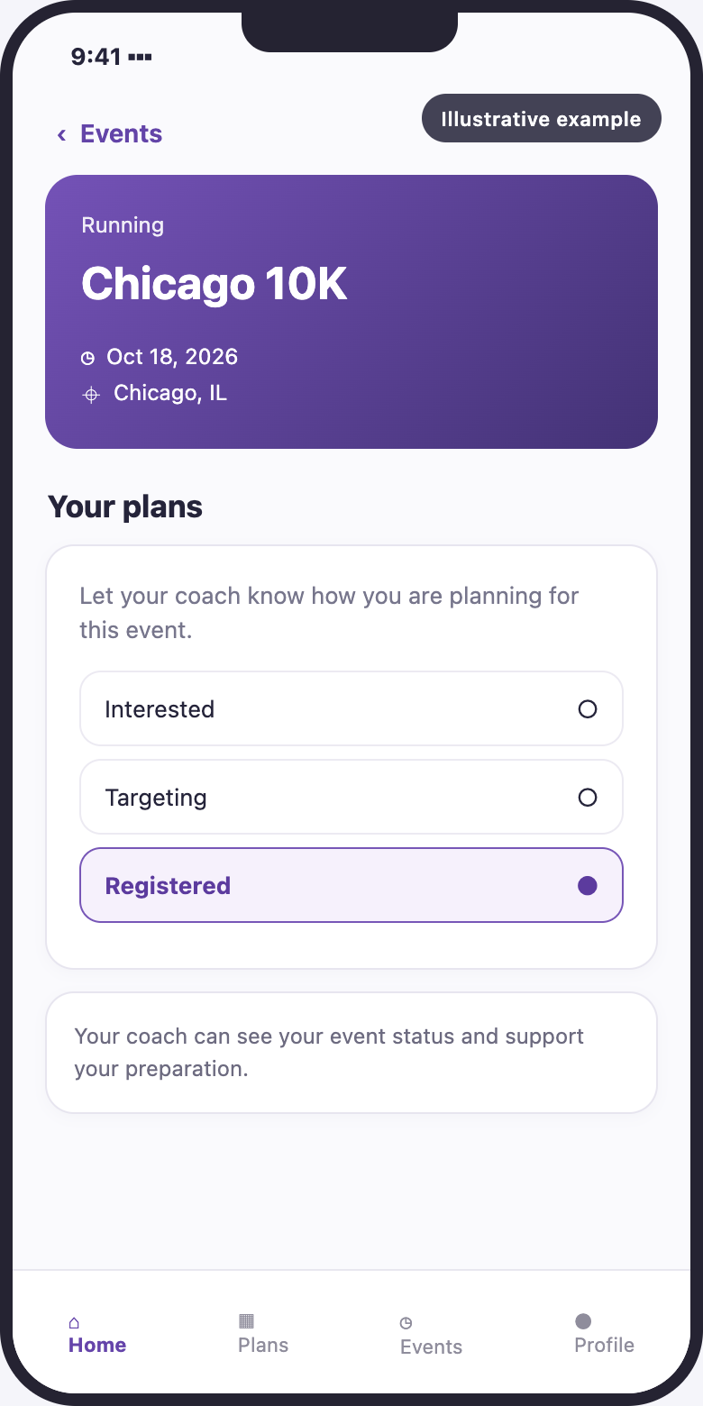 Illustrative client app view of an event and registration status