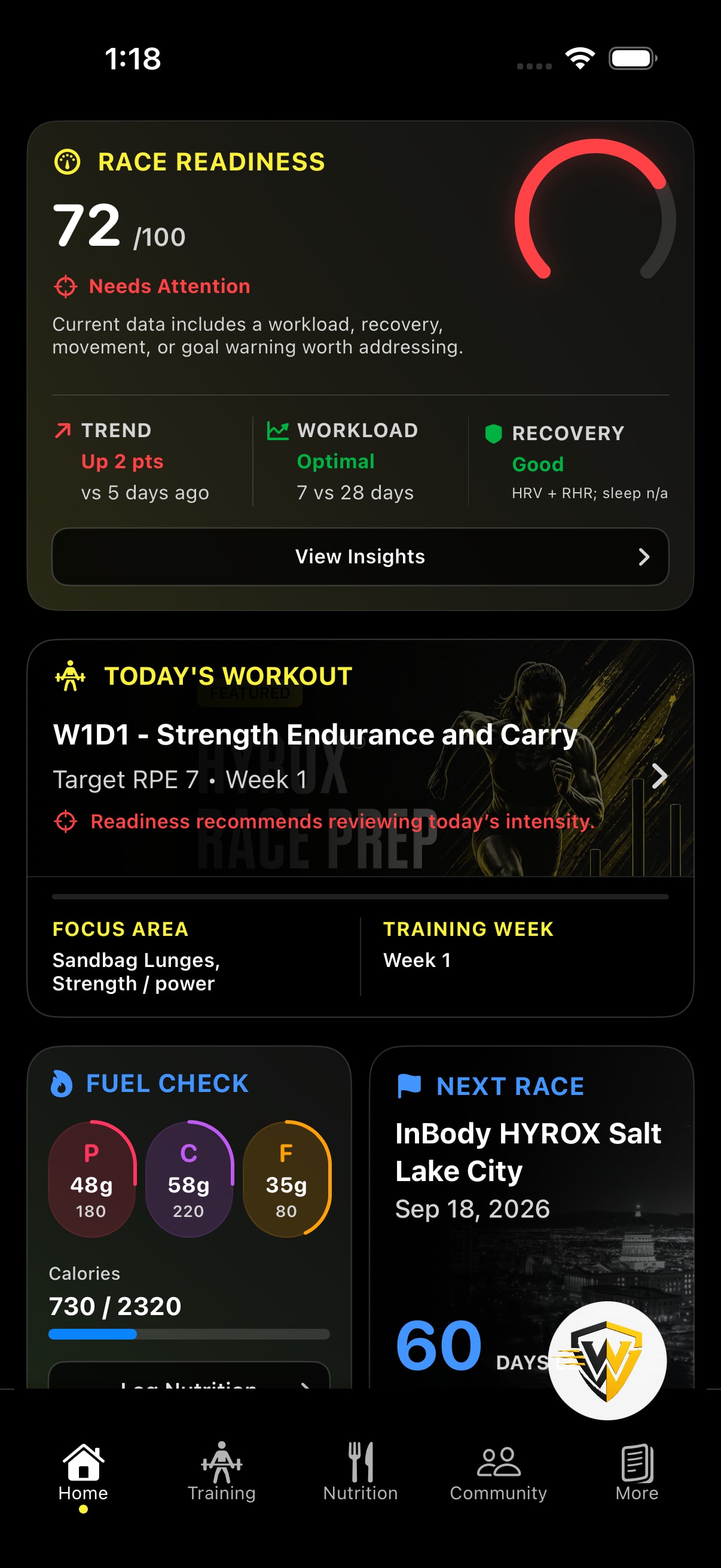Warrior Lab app showing race readiness, today's workout and the next HYROX race