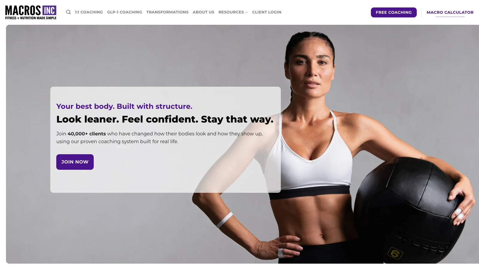 Macros Inc. homepage showing its fitness and nutrition coaching experience