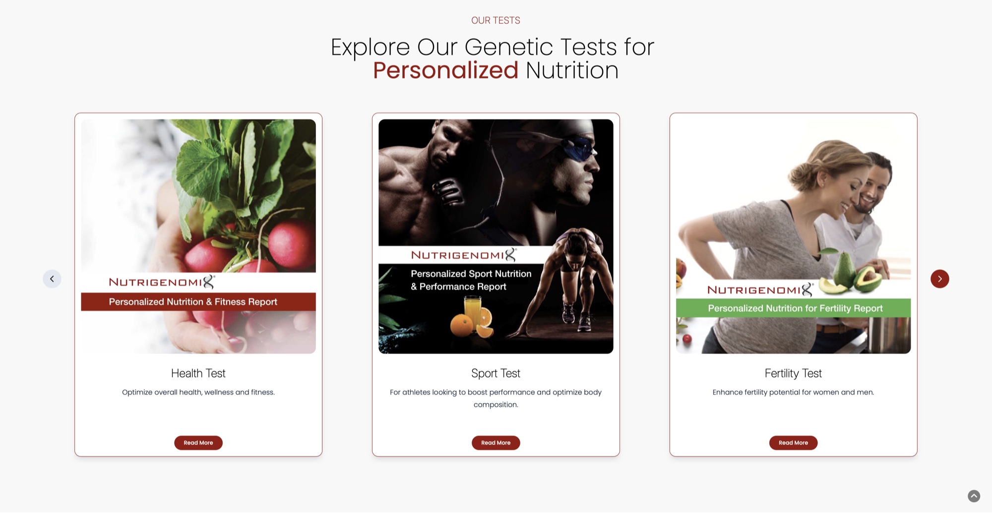 Nutrigenomix custom website presenting its personalized nutrition and fitness tests