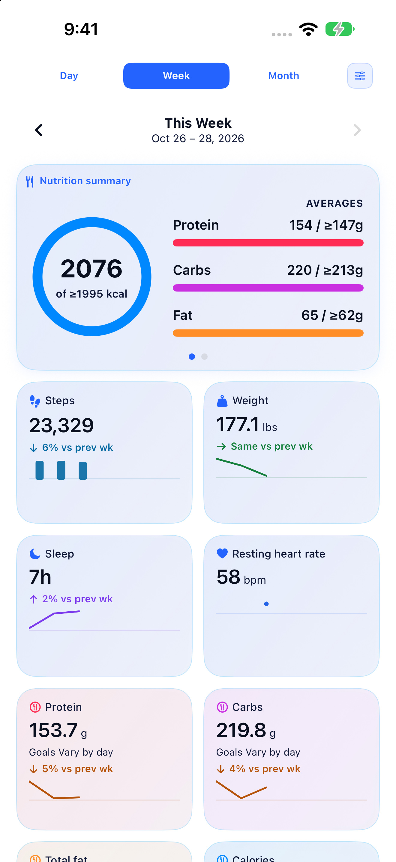 Week view of client progress in the app