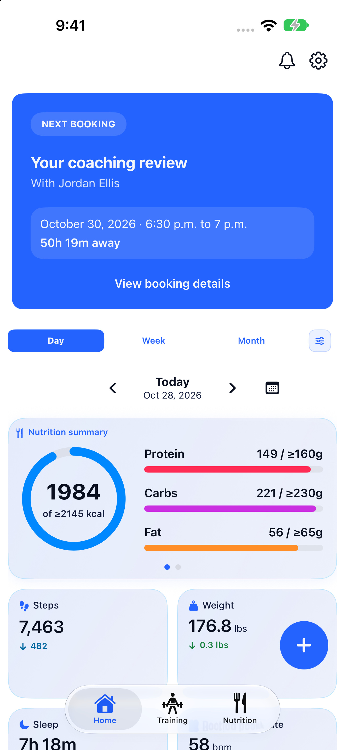 Client dashboard in the app