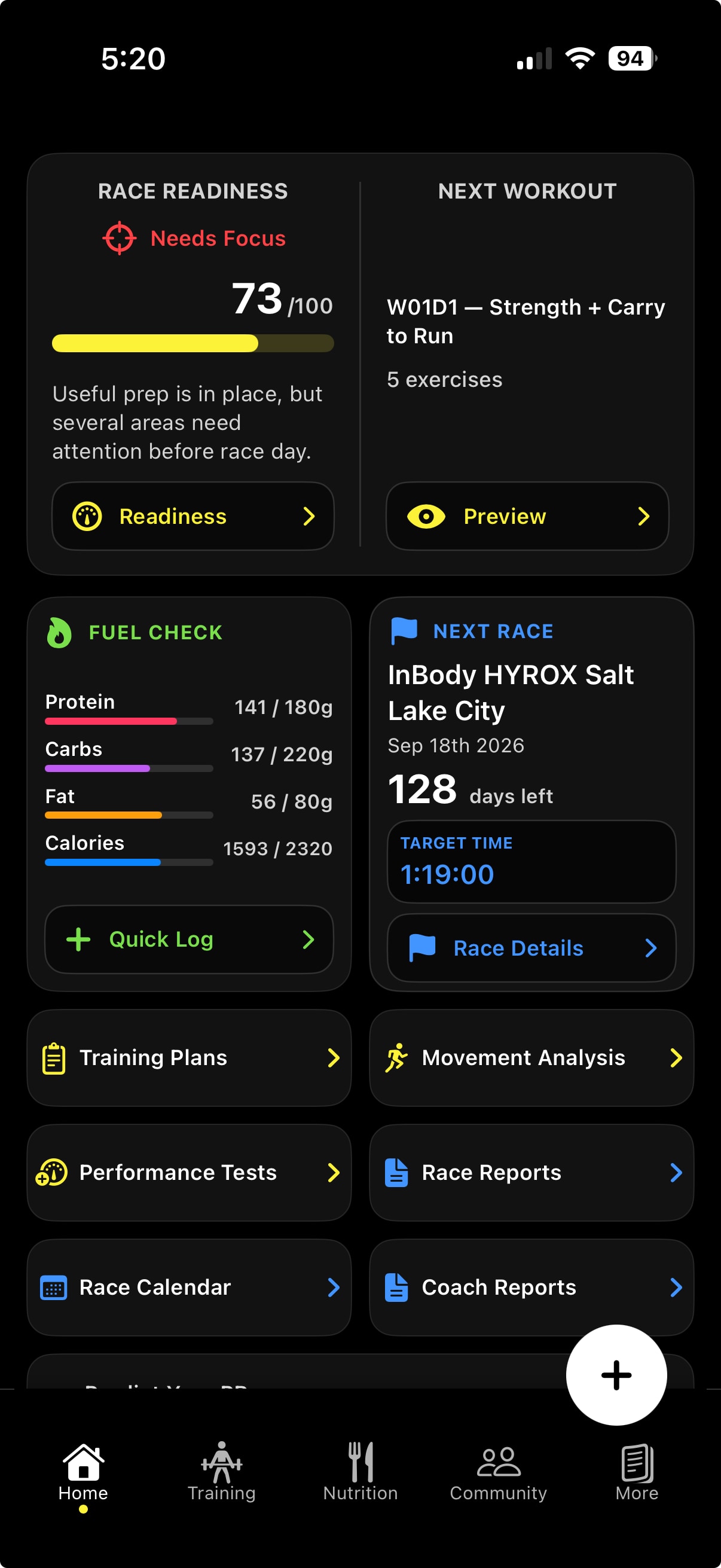 Warrior Performance Lab client app with race readiness and training