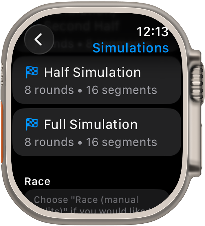 Apple Watch showing Warrior race simulation options