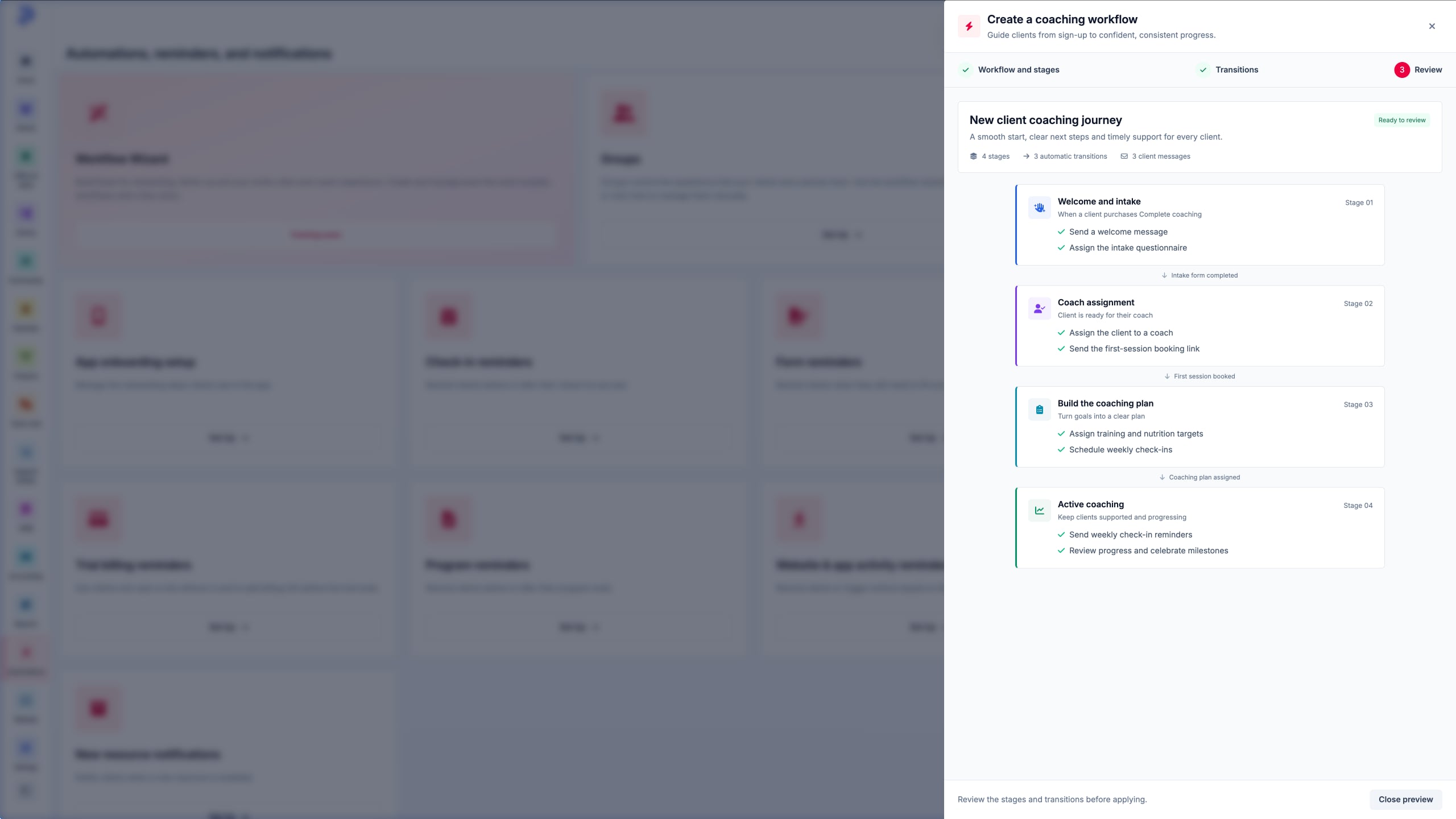 Automations and reminders: Optional admin screenshot