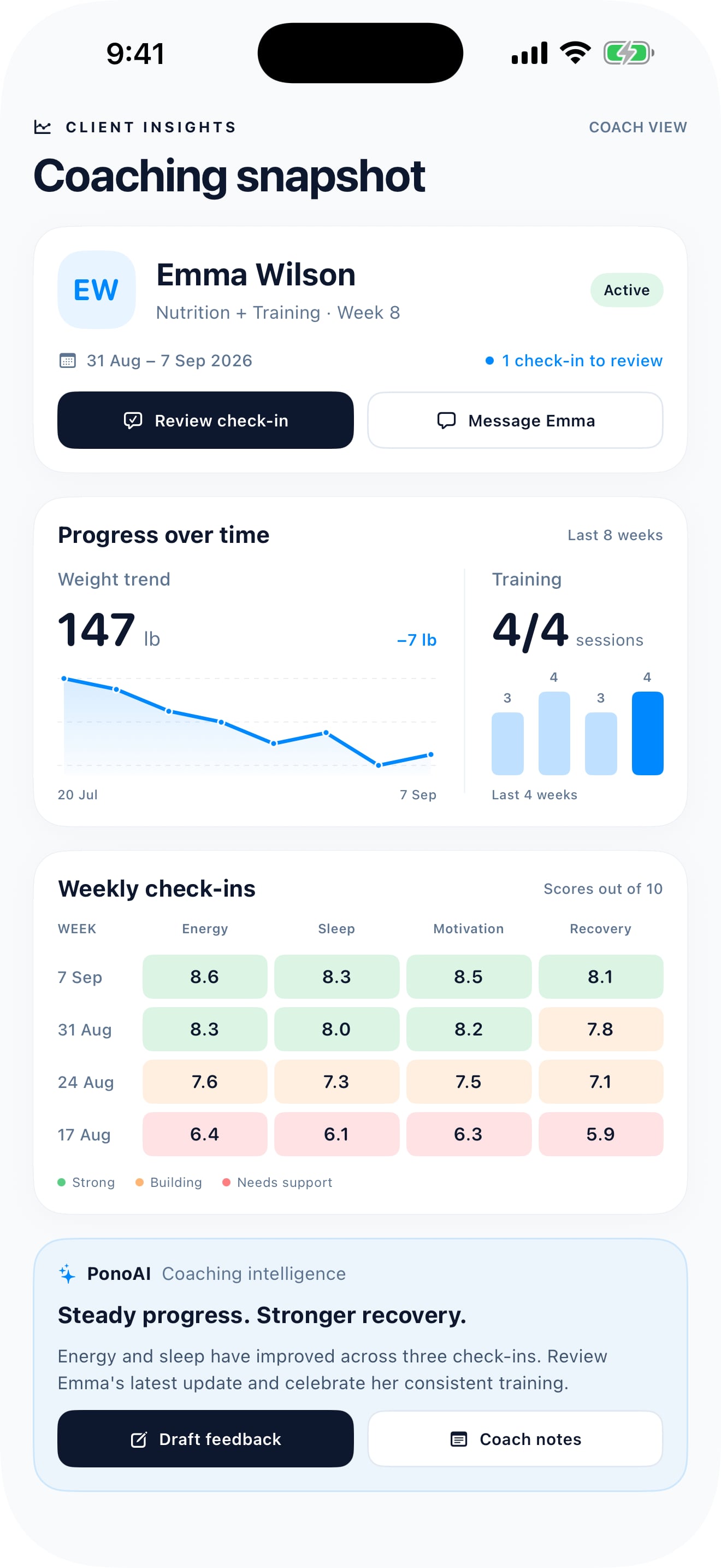 Pono client app progress and coaching screen
