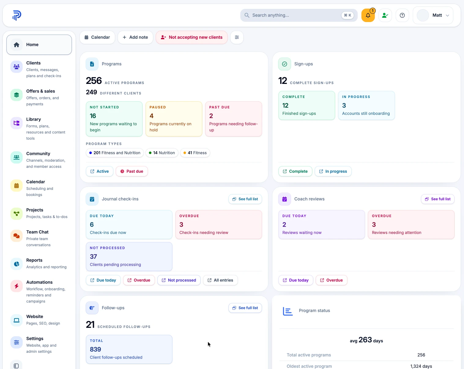 Pono coach dashboard bringing each client’s prep information together