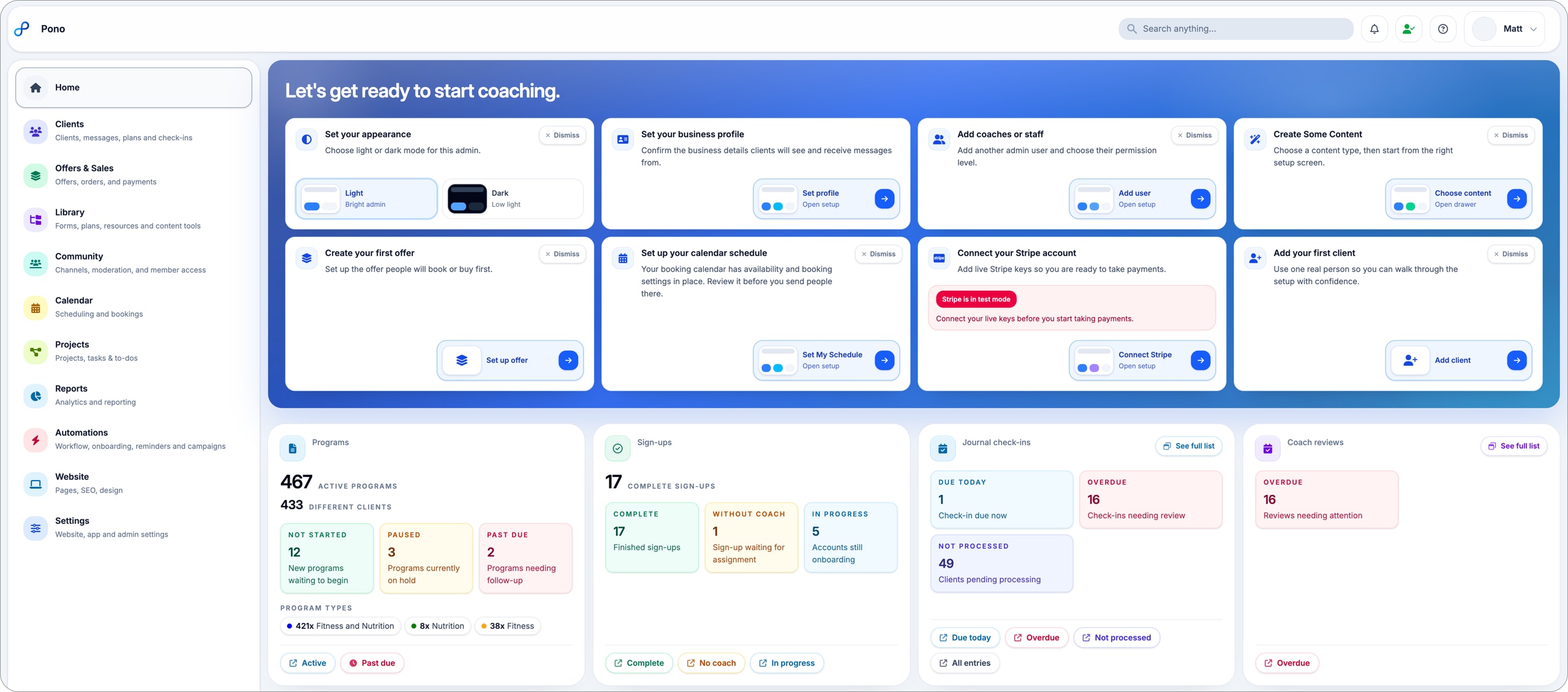 Pono Hybrid client app coach dashboard and admin workspace screenshot placeholder