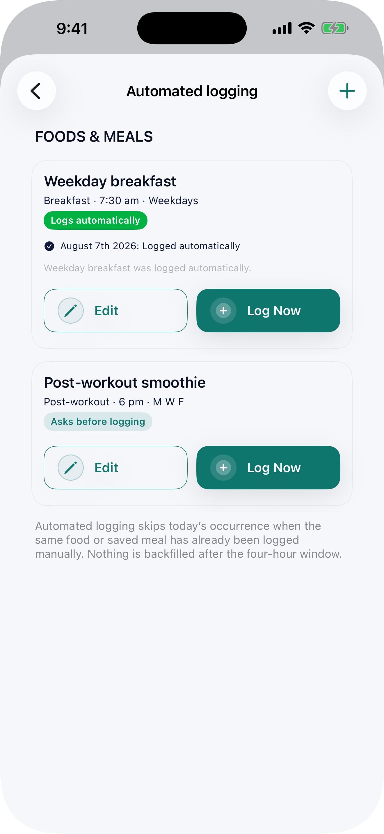 Pono Nutrition Tracker screenshot: Schedules and reminders