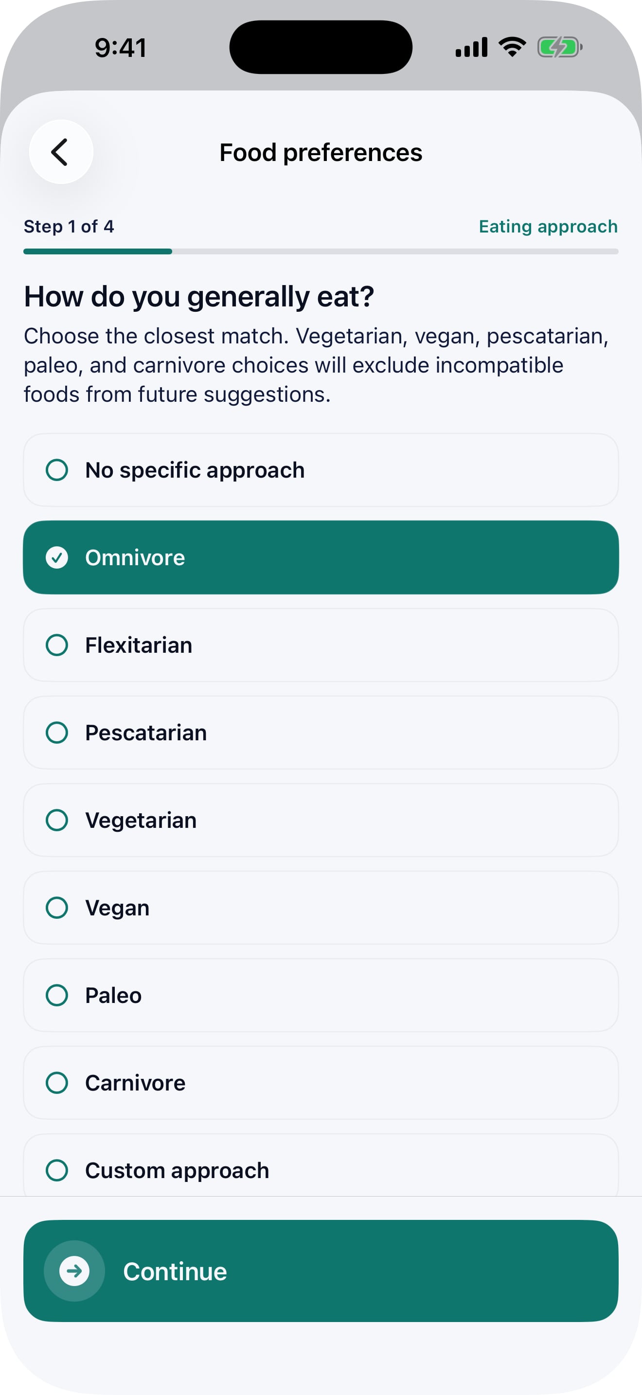 Pono Nutrition Tracker screenshot: Food preferences
