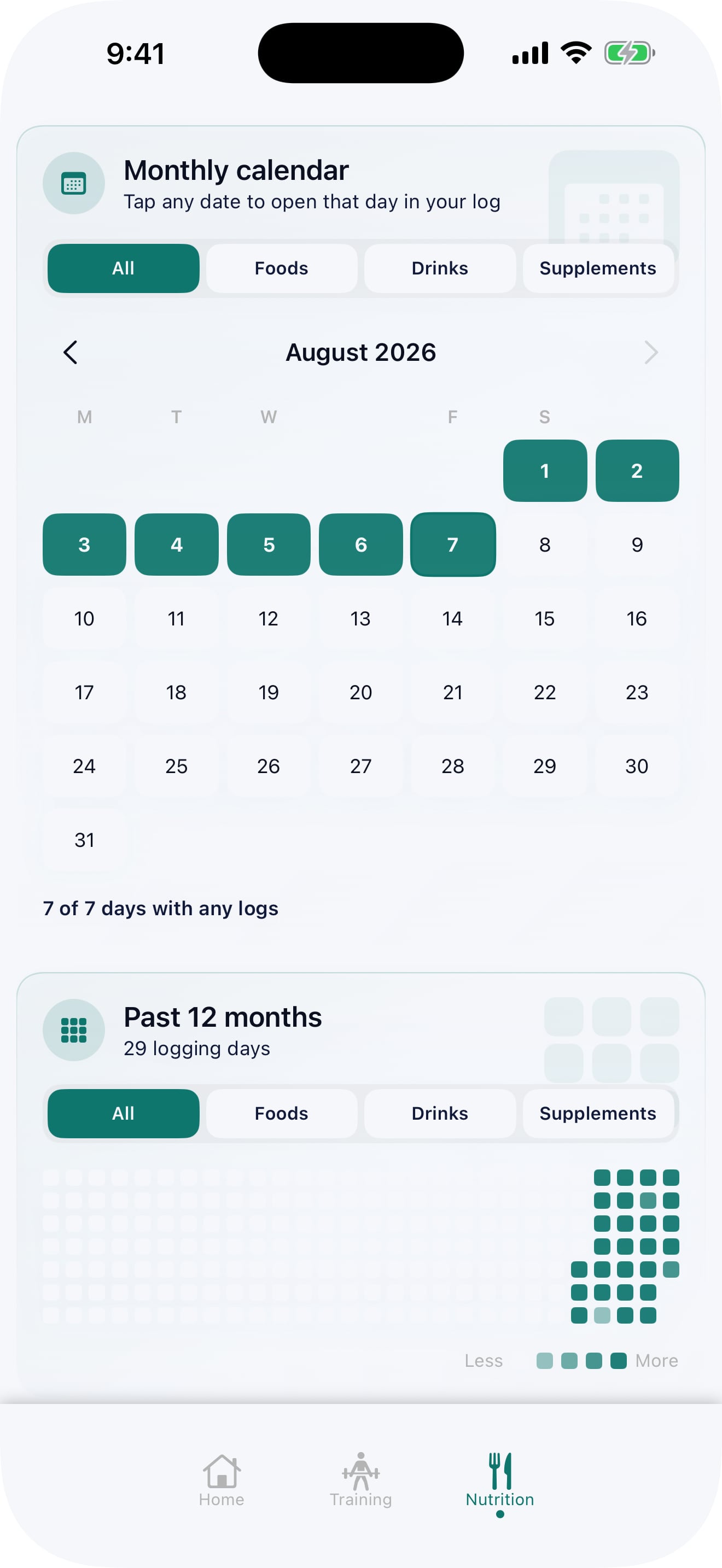 Pono Nutrition Tracker screenshot: Calendar and twelve-month heatmap