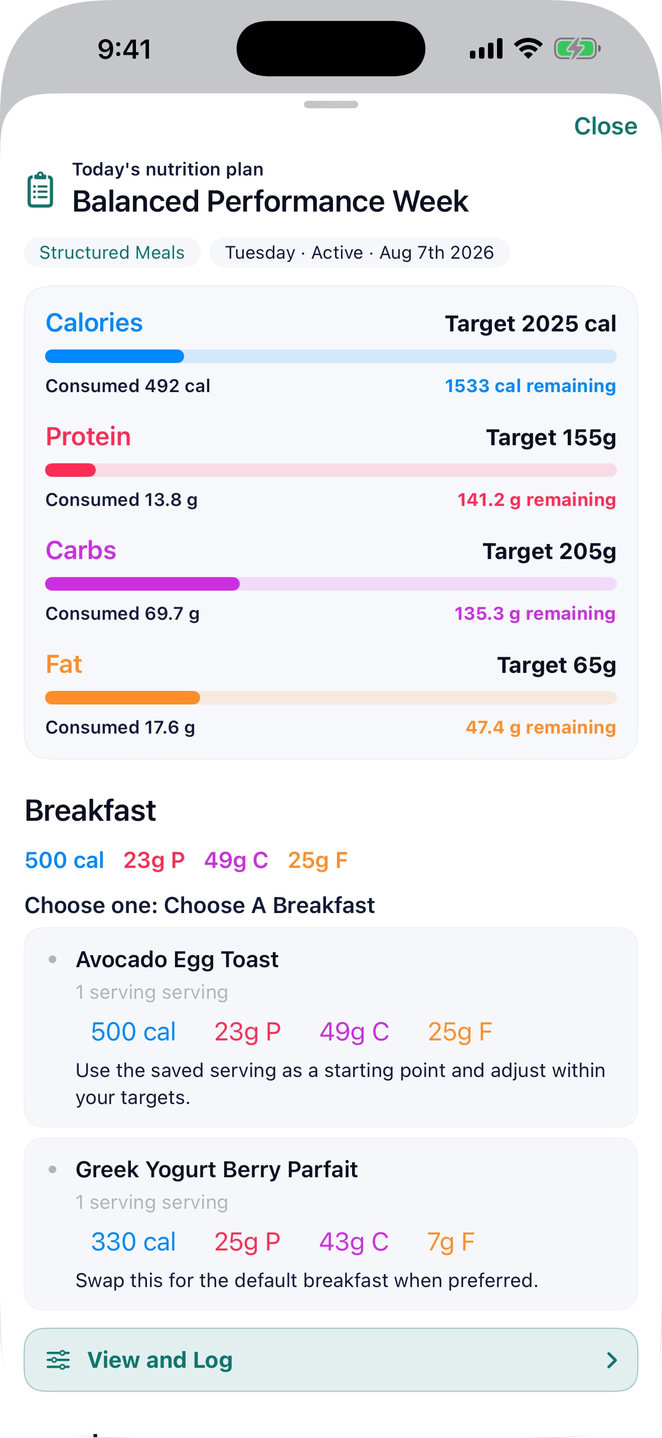 Pono Nutrition Tracker screenshot: Assigned plan and adherence