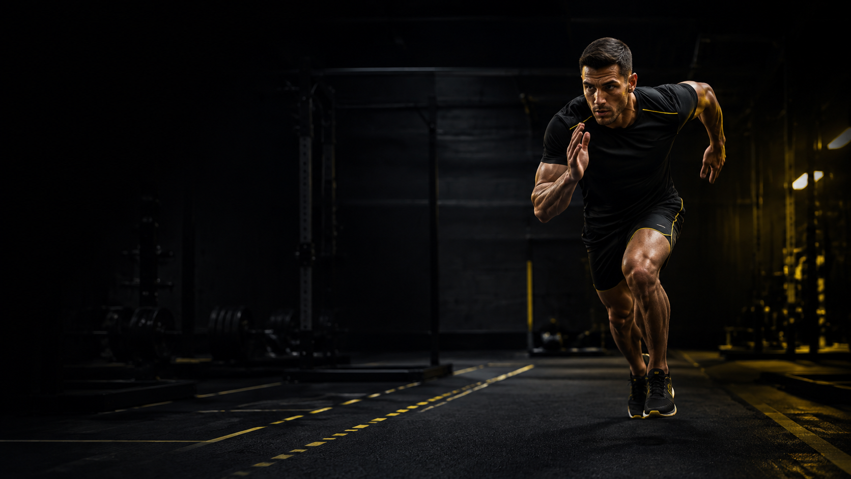 HYROX athlete running through a dark performance facility