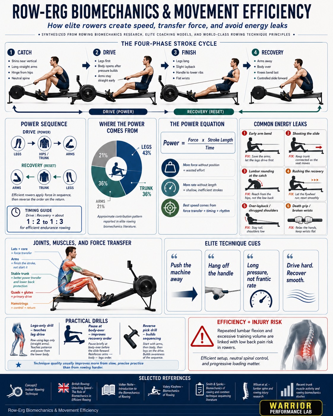 Detailed RowErg biomechanics and movement-efficiency board