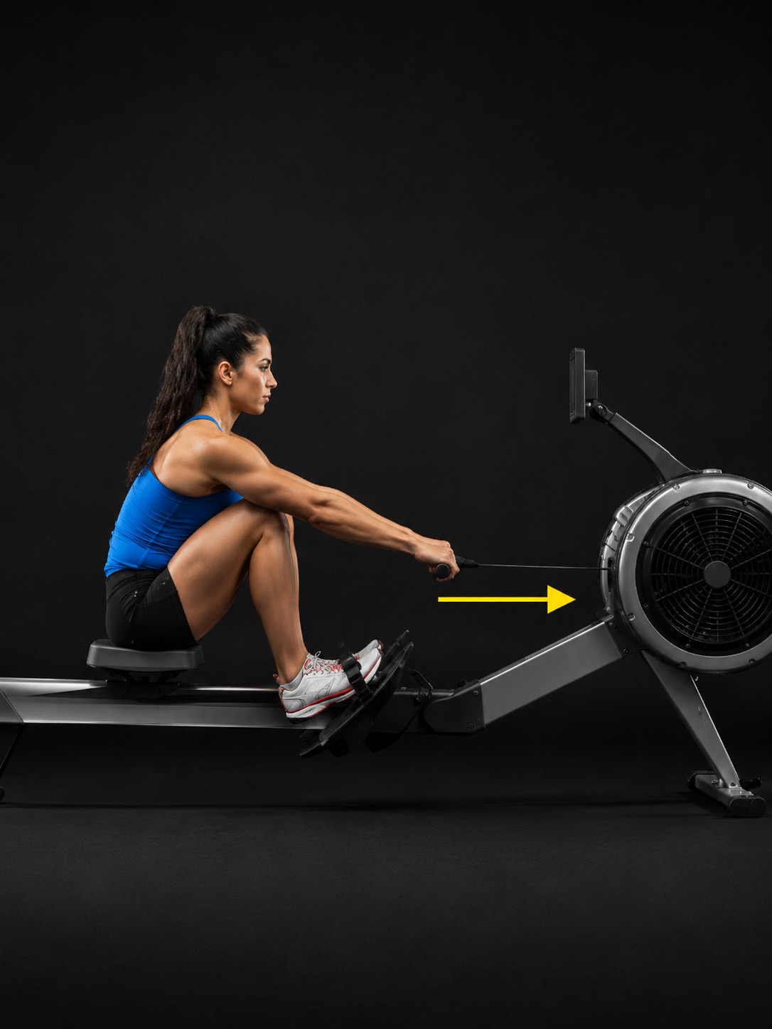 Female athlete demonstrating the RowErg Catch phase