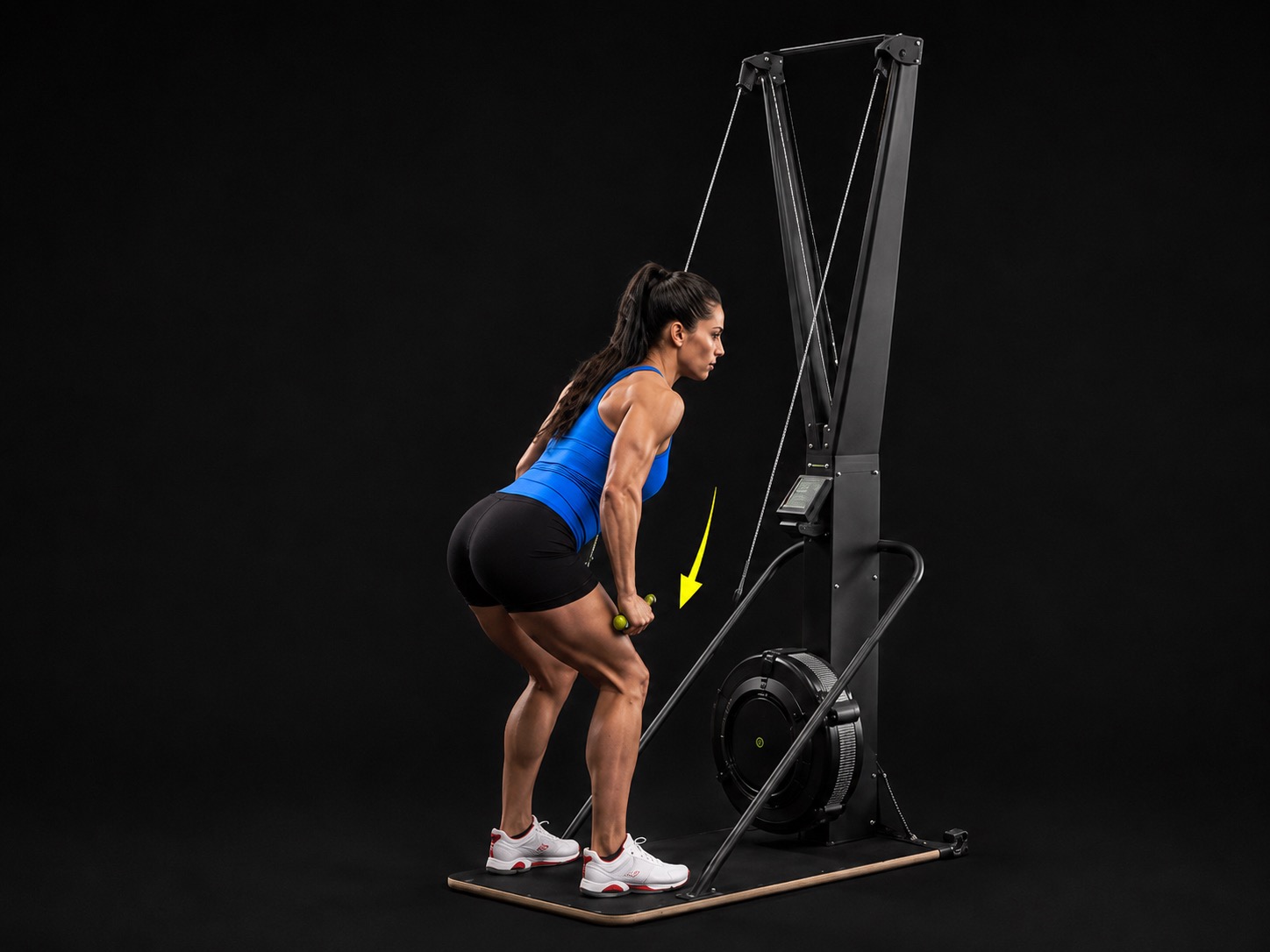 Female athlete demonstrating the SkiErg Finish phase