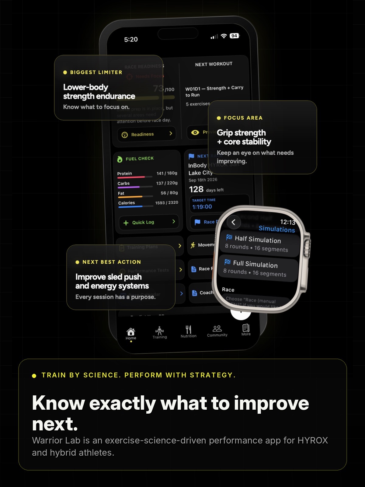 Warrior Lab app showing race readiness, limiter focus, next best action, and training guidance.